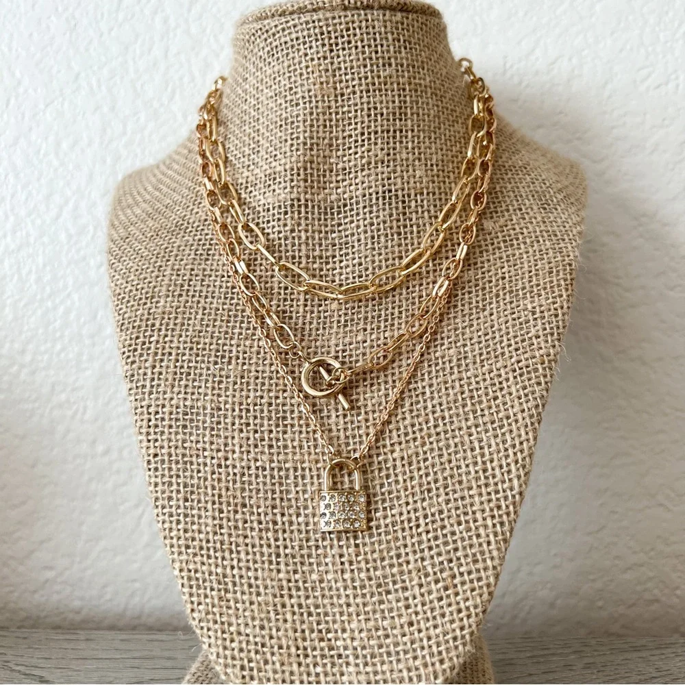 FINAL SALE | layered link chain necklace with lock pendant - Picture 1 of 4
